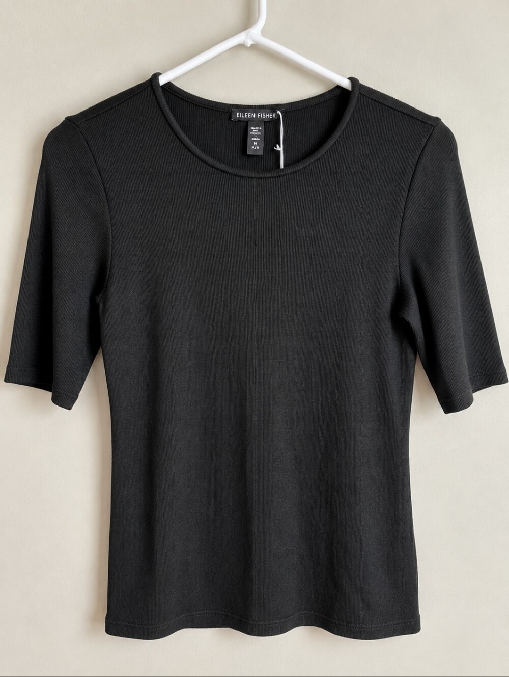 Eileen Fisher Black Ribbed Crew Neck Elbow Sleeve Tee XS NWOT